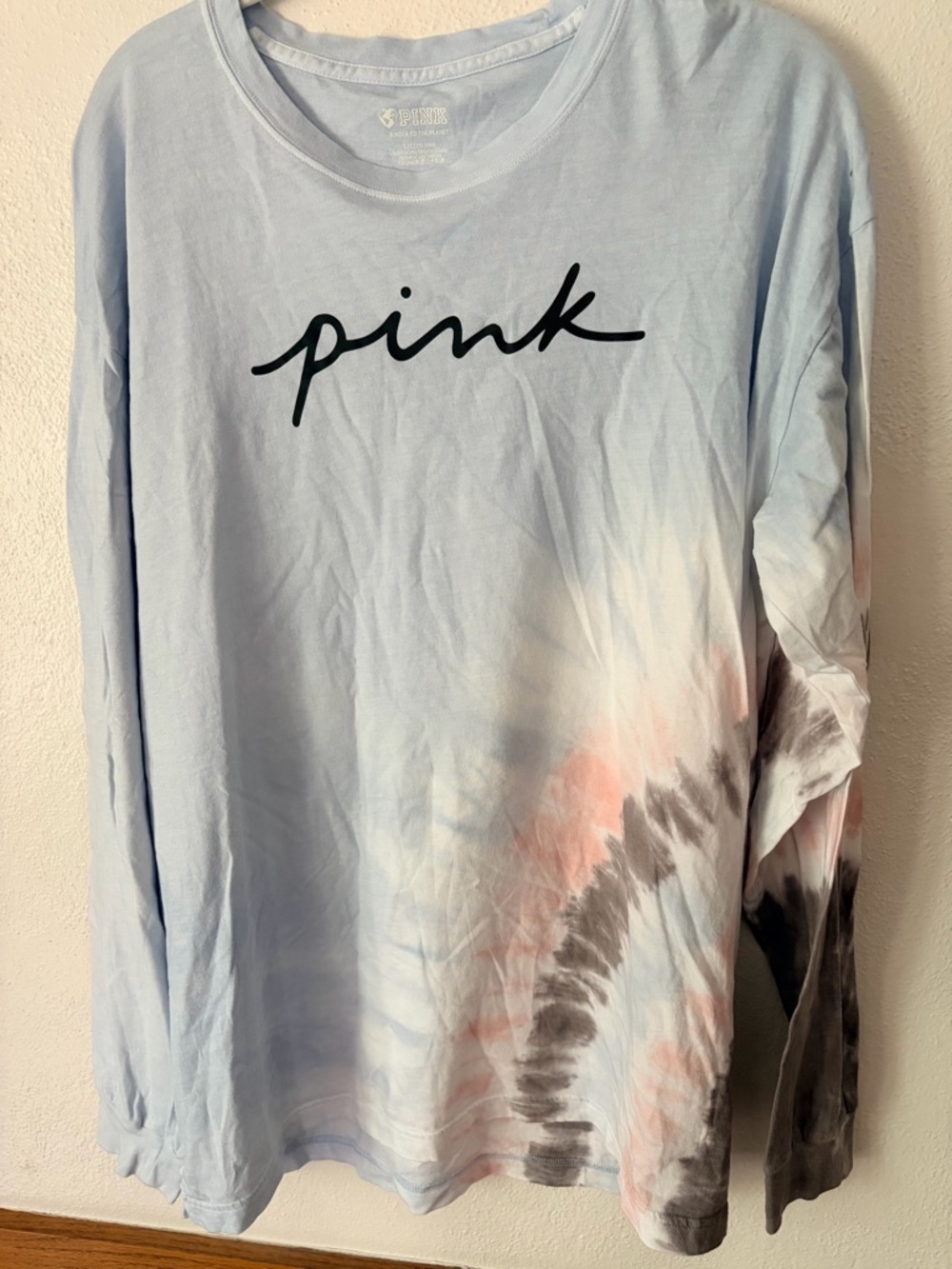 PINK Victoria's Secret Light Blue Tie-Dye Long Sleeve Tee with Black Script